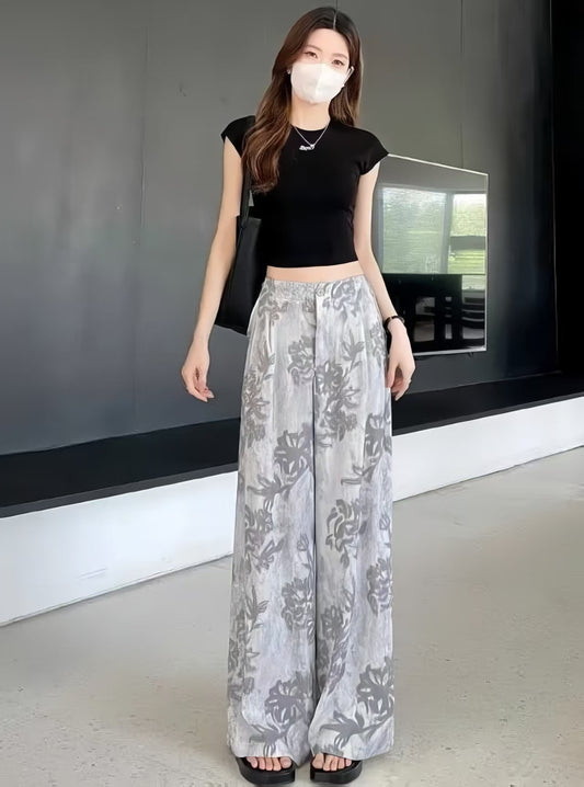 Flax Elastic Print Wide Leg Straight Pants