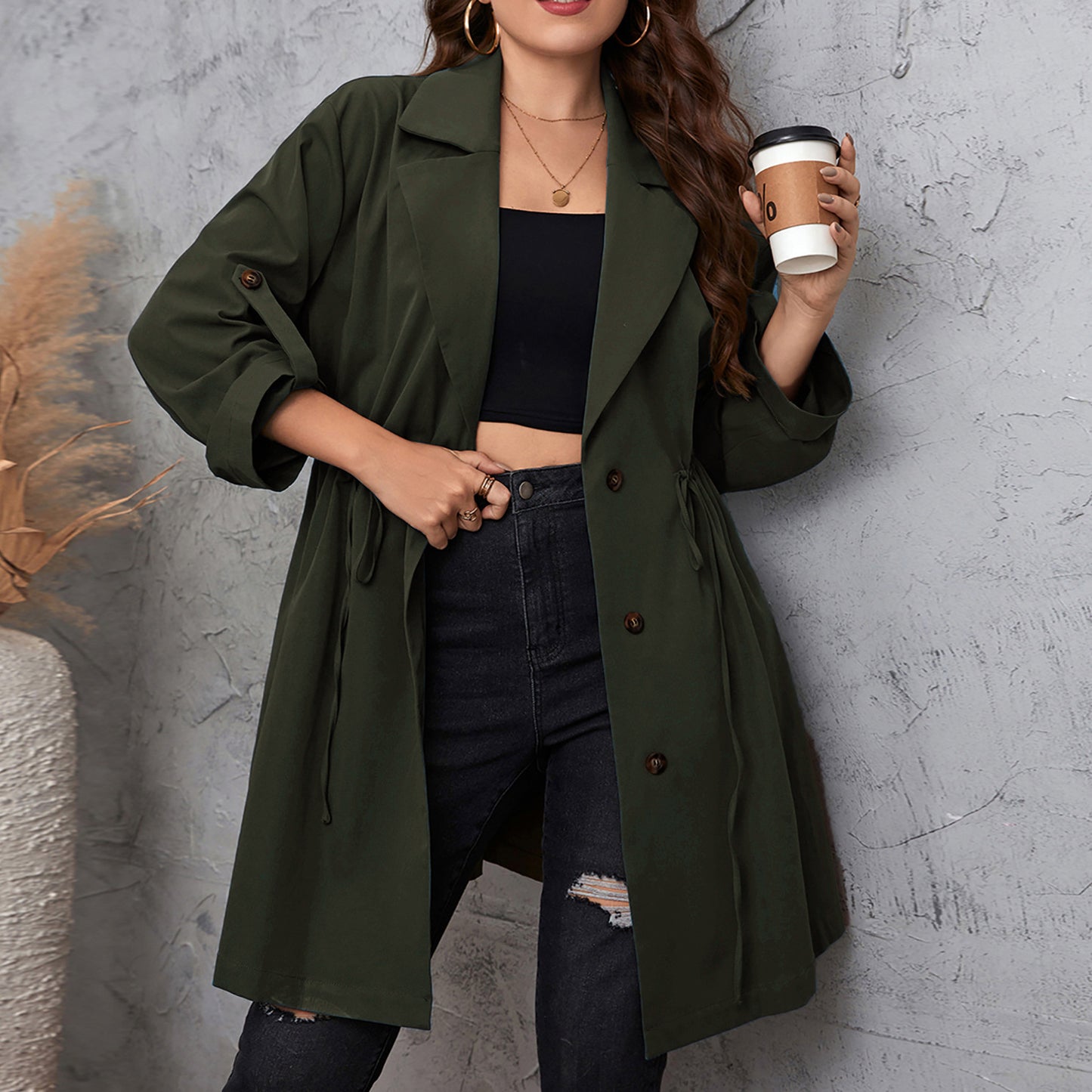 Mid-length Solid Color Plus Size Trench Coats