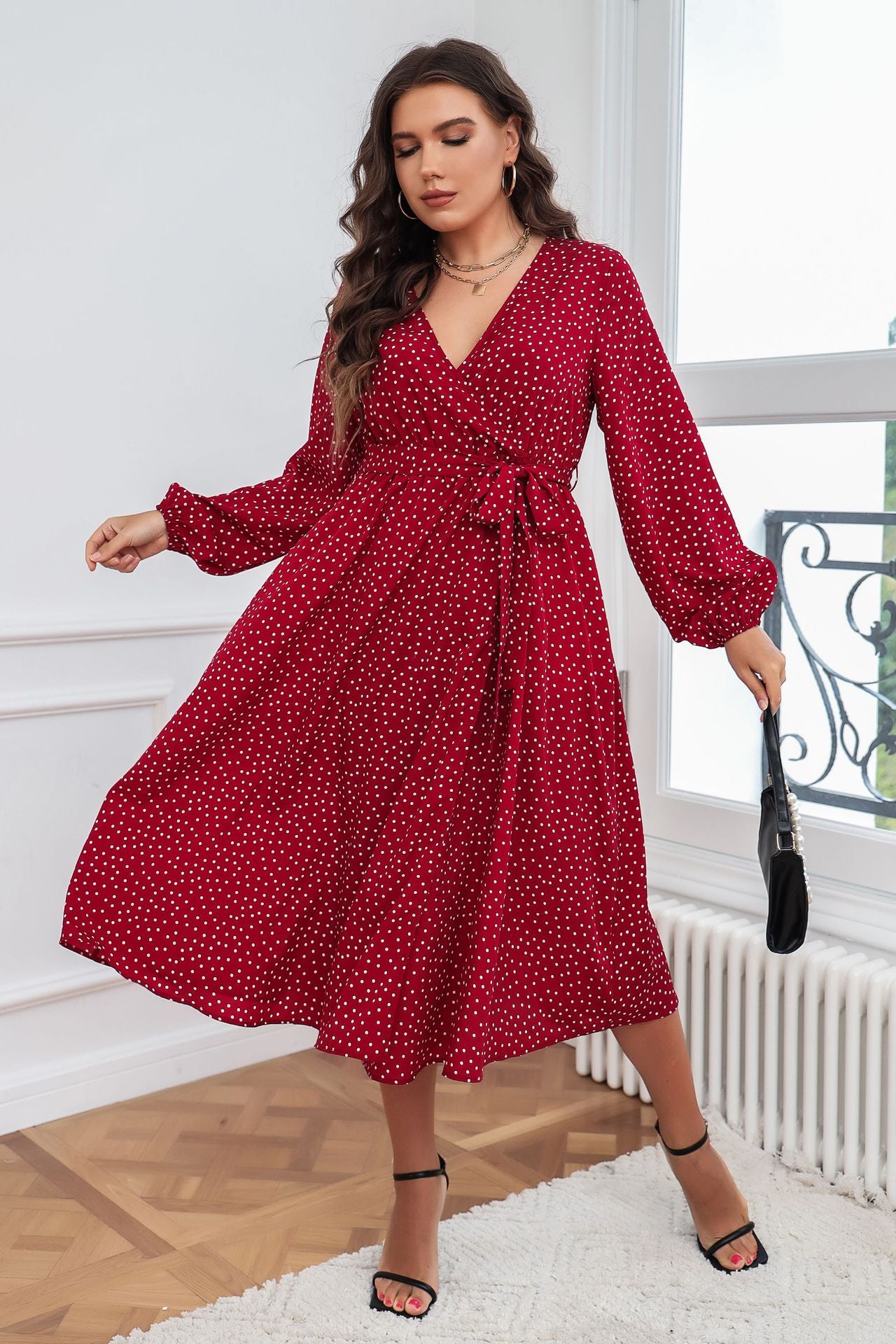 Plus Size Polka Dot Long-Sleeve Dresses