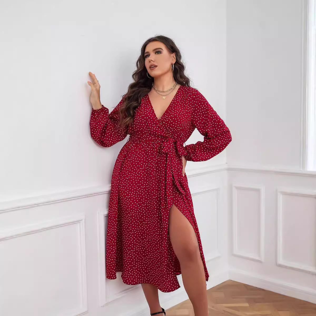 Plus Size Polka Dot Long-Sleeve Dresses