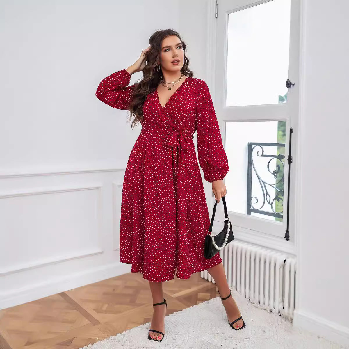 Plus Size Polka Dot Long-Sleeve Dresses
