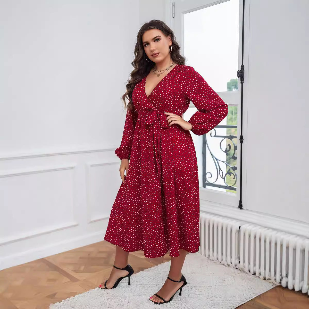 Plus Size Polka Dot Long-Sleeve Dresses