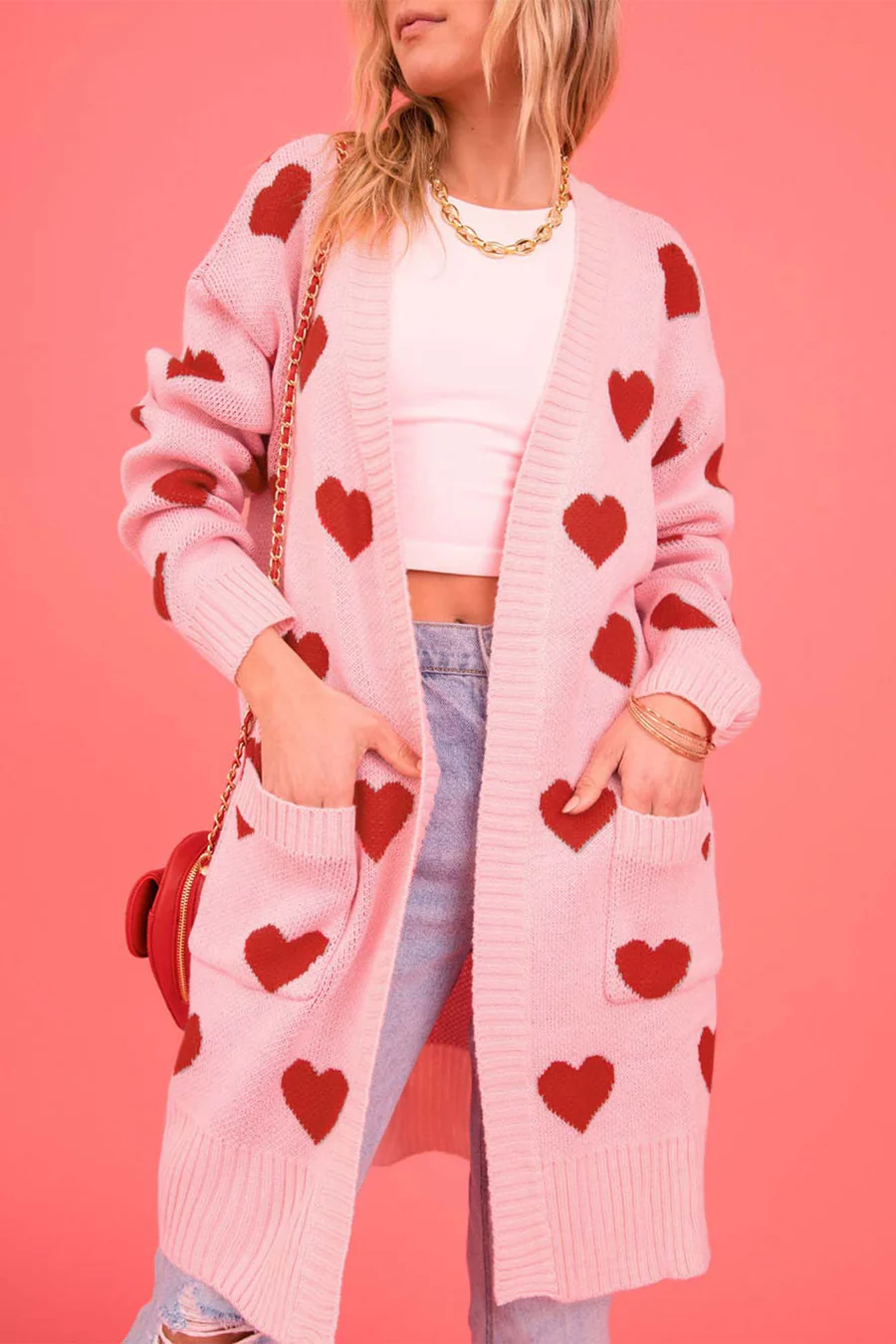Heart Open Front Pocket Long Cardigans