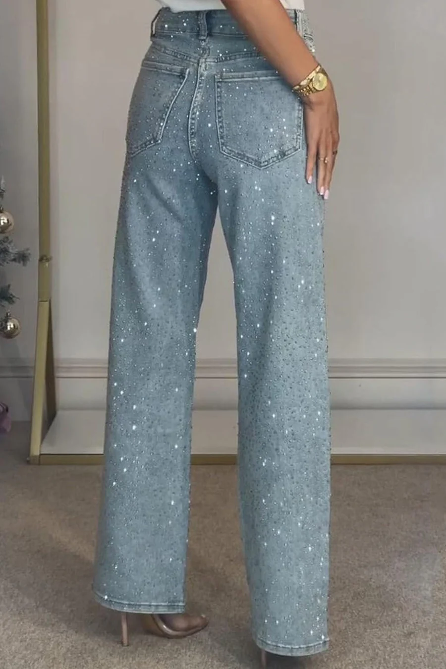 Rhinestone High Rise Straight Jeans