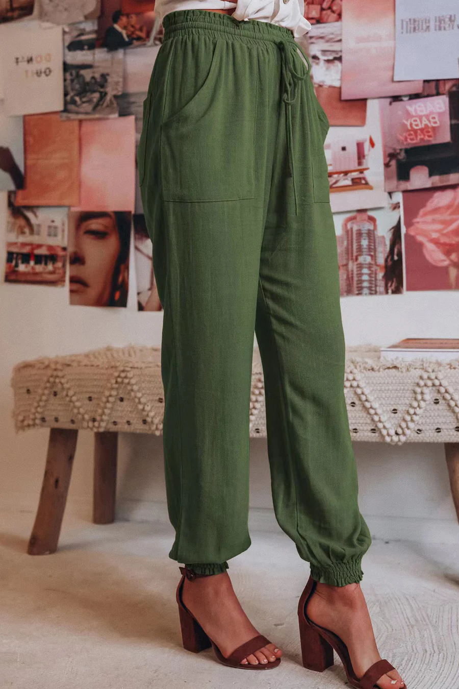 Drawstring Solid Color Loose Long Pants