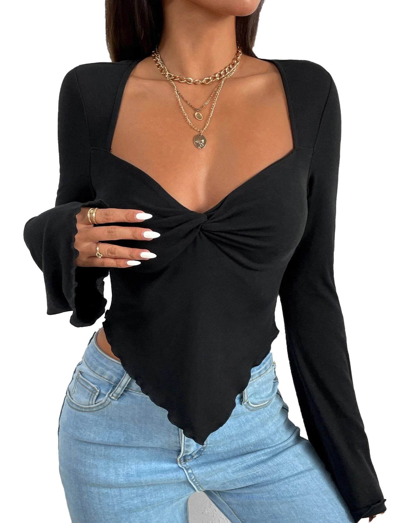 Asymmetric Knit Long-Sleeve Shirts