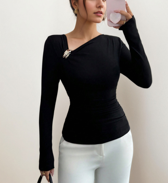 Slanted Neckline Pleated Long-Sleeve Shirts