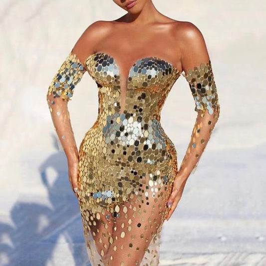 Sequin Off-Shoulder Mesh Long Evening Gown Dresses