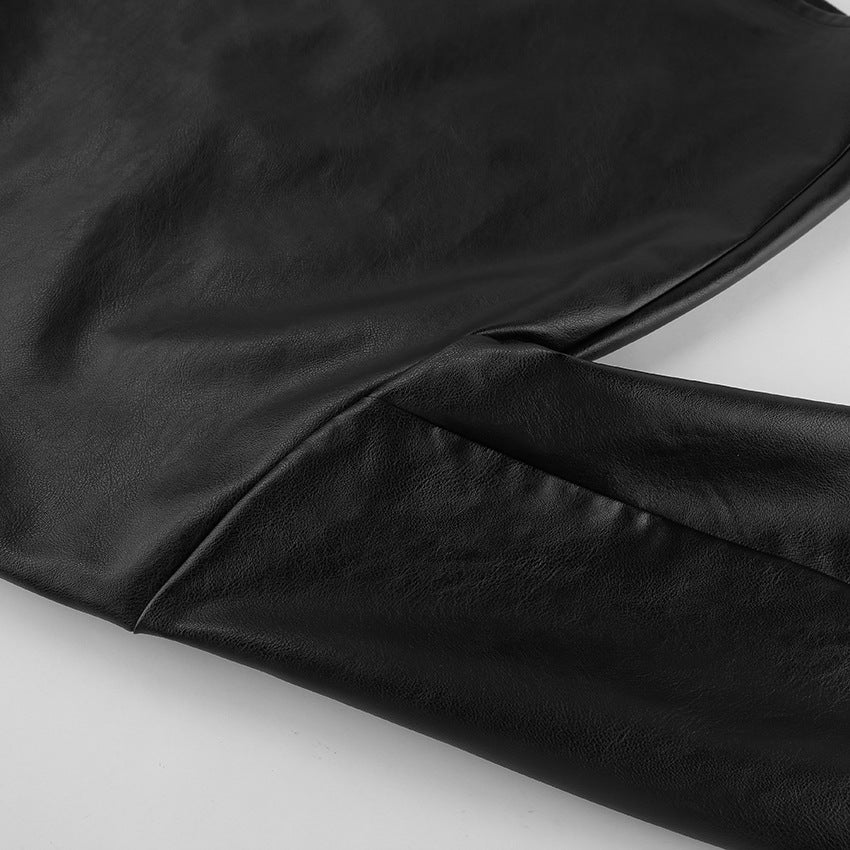 Stand-collar Long-sleeve Leather Jacket