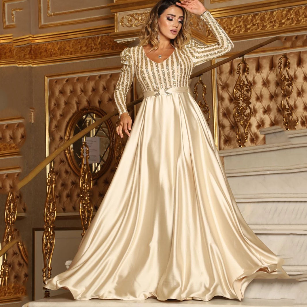 V-Neck Flared Train Banquet Dresses