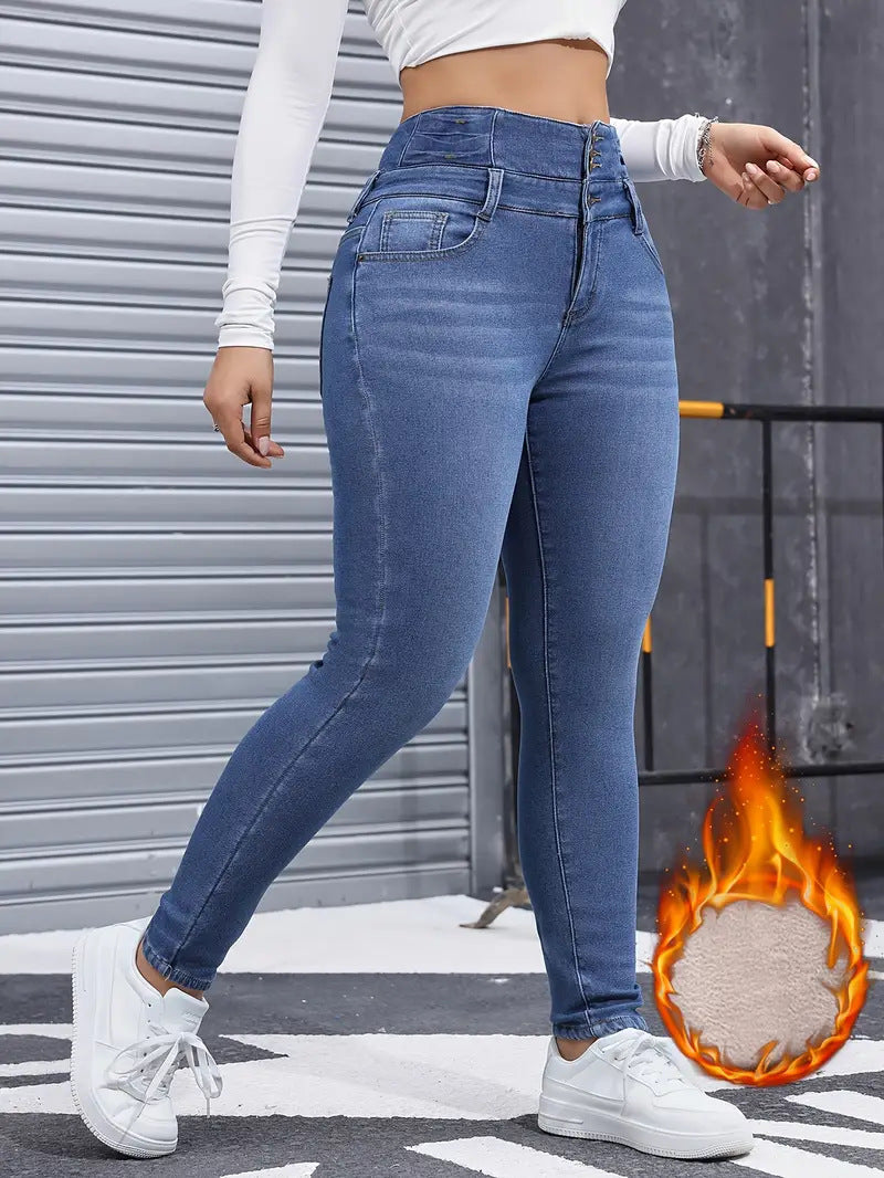 Fleece-Lined Stretch Multi-Button Slim-Fit Denim Pants