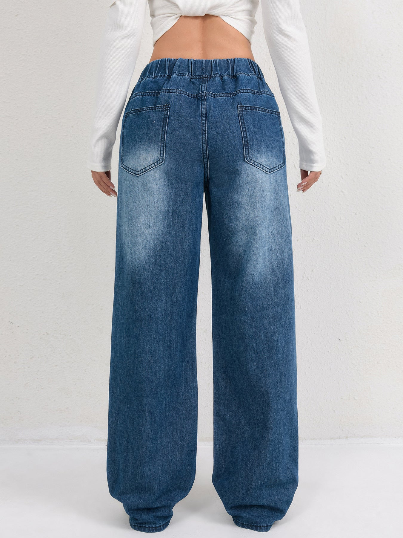 High-Waisted Drawstring Wide-Leg Washed Jeans