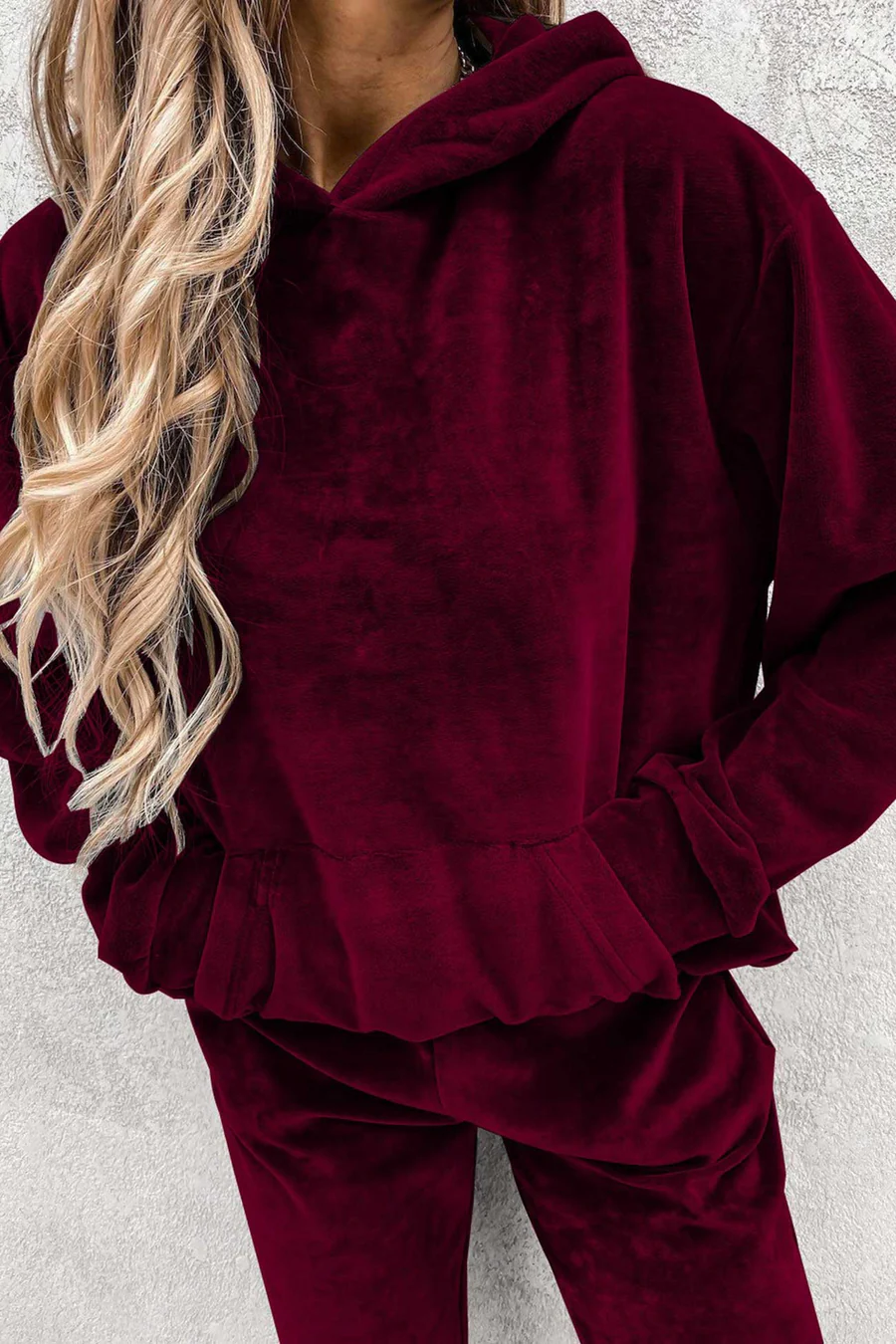 Velour Solid Color Hoodie Long Pants Sets