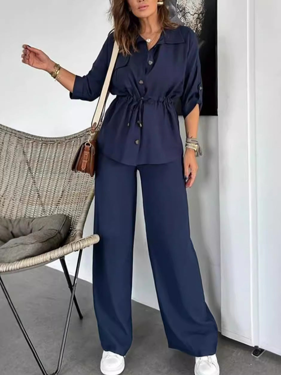 Casual Solid-Color Drawstring Pocket Button-Front Sets