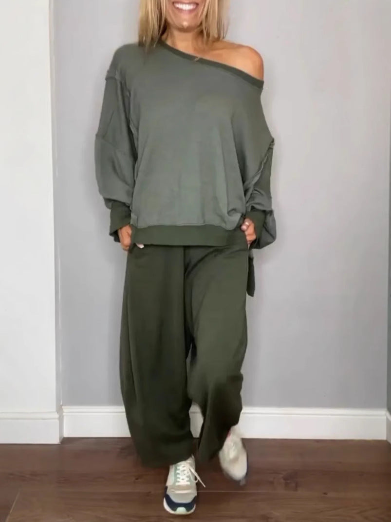 Solid-Color Off-Shoulder Loose-Fit Sets