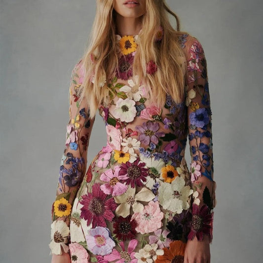 3D Floral Mesh Lace Embroidered Mini Dresses