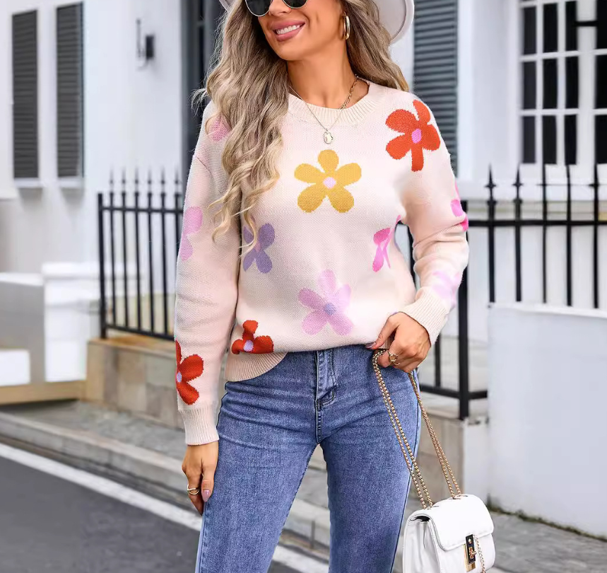 Floral Round Neck Pullover Sweaters