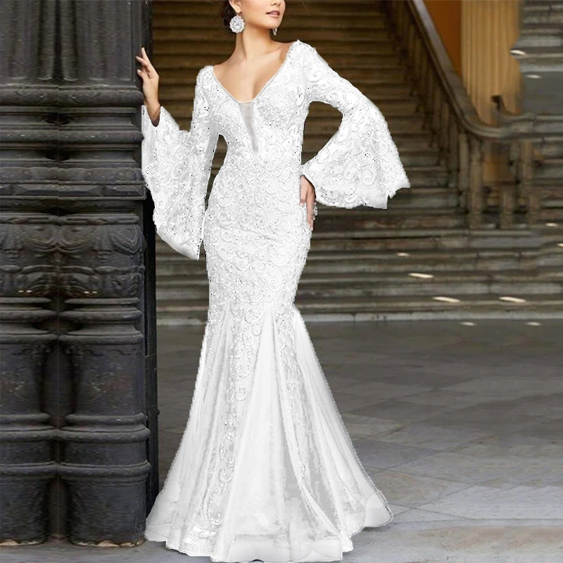 Lace Embroidered Fishtail Fitted Evening Dresses