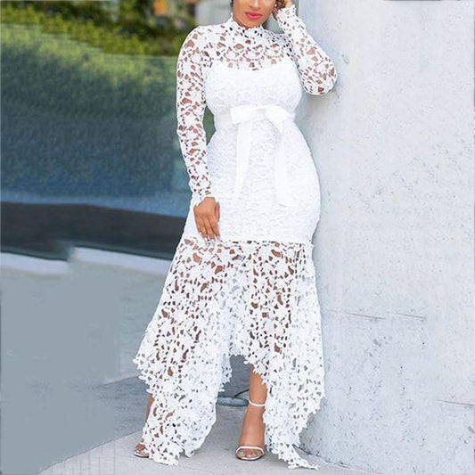 Long-Sleeved Stand Collar Tie-Front Asymmetric Dresses
