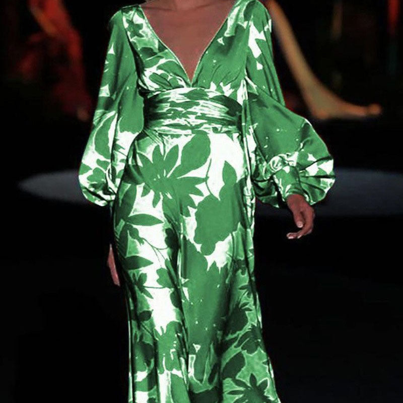 Lantern-sleeve Printed V-Neck Maxi Dresses