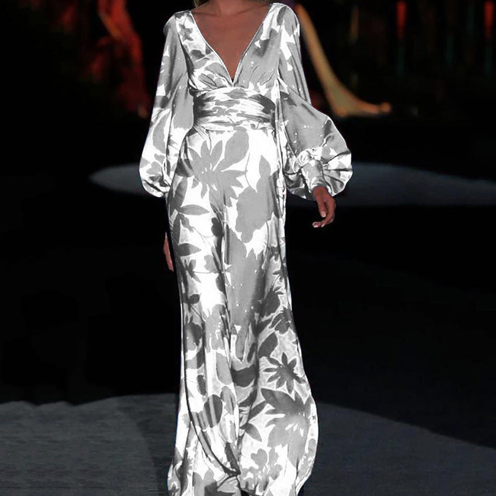 Lantern-sleeve Printed V-Neck Maxi Dresses
