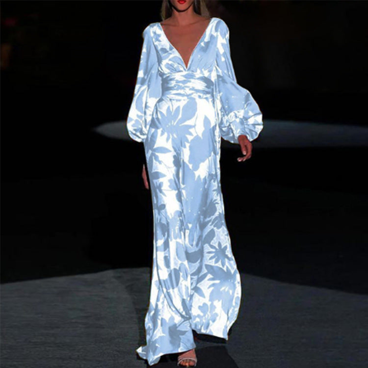Lantern-sleeve Printed V-Neck Maxi Dresses