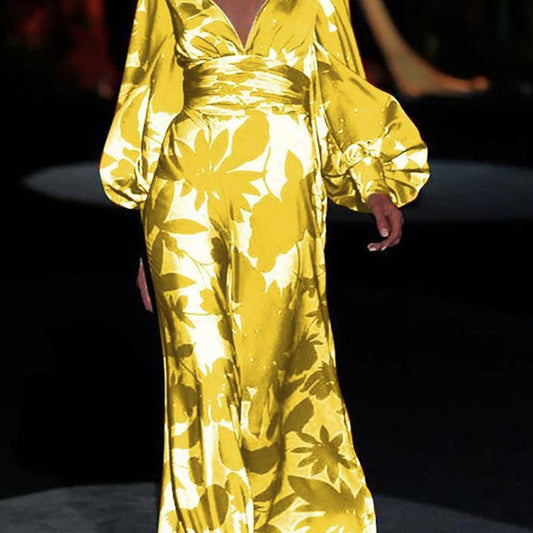 Lantern-sleeve Printed V-Neck Maxi Dresses