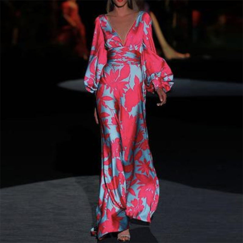 Lantern-sleeve Printed V-Neck Maxi Dresses
