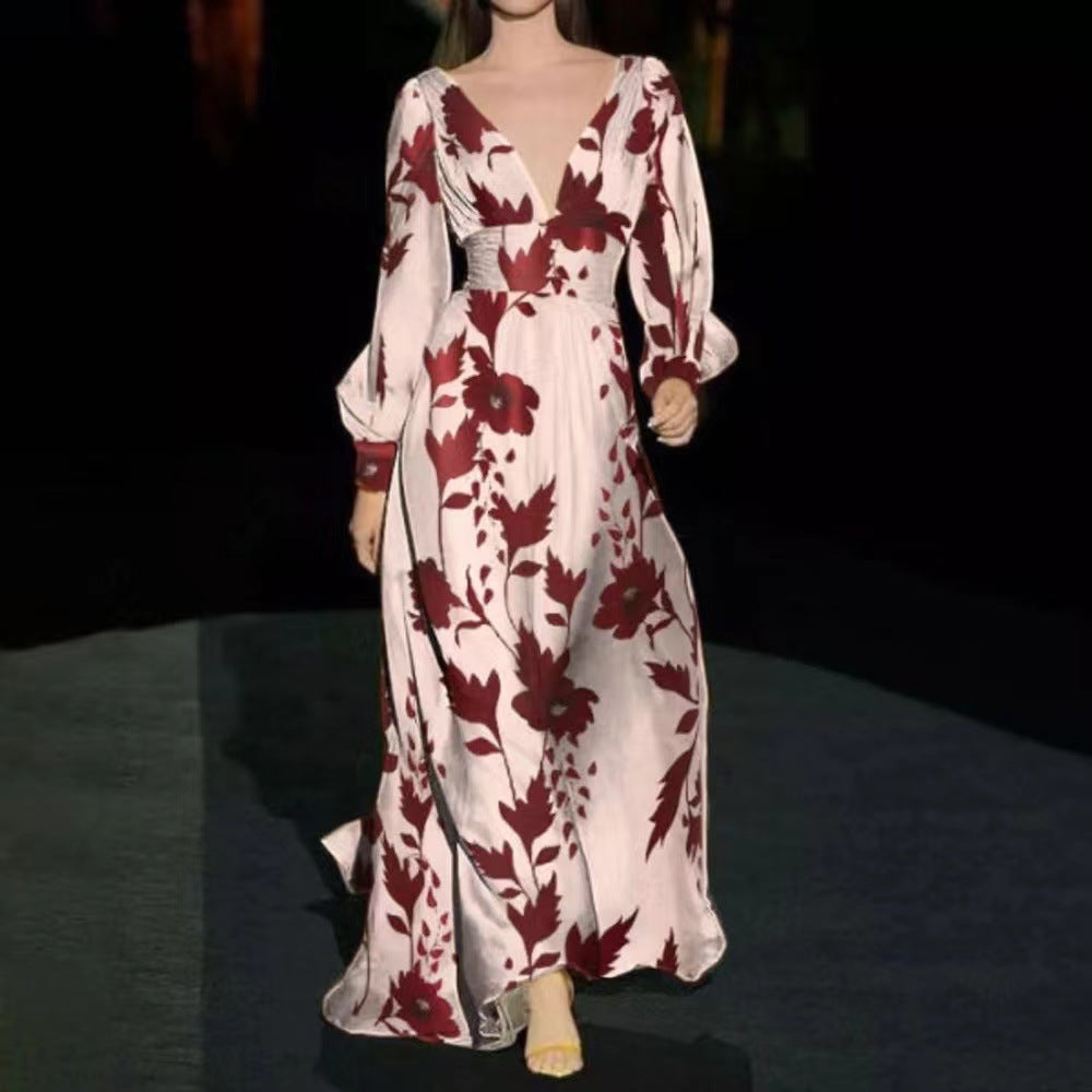 Lantern-sleeve Printed V-Neck Maxi Dresses