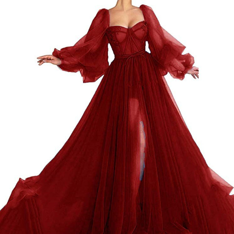 Mesh Split-Hem Full-Skirt Dresses