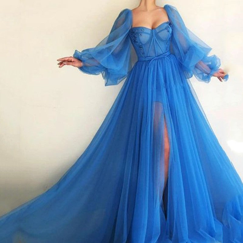Mesh Split-Hem Full-Skirt Dresses