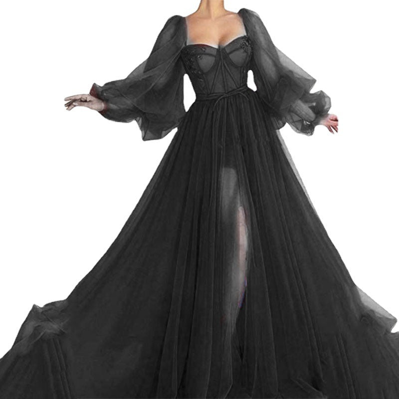 Mesh Split-Hem Full-Skirt Dresses