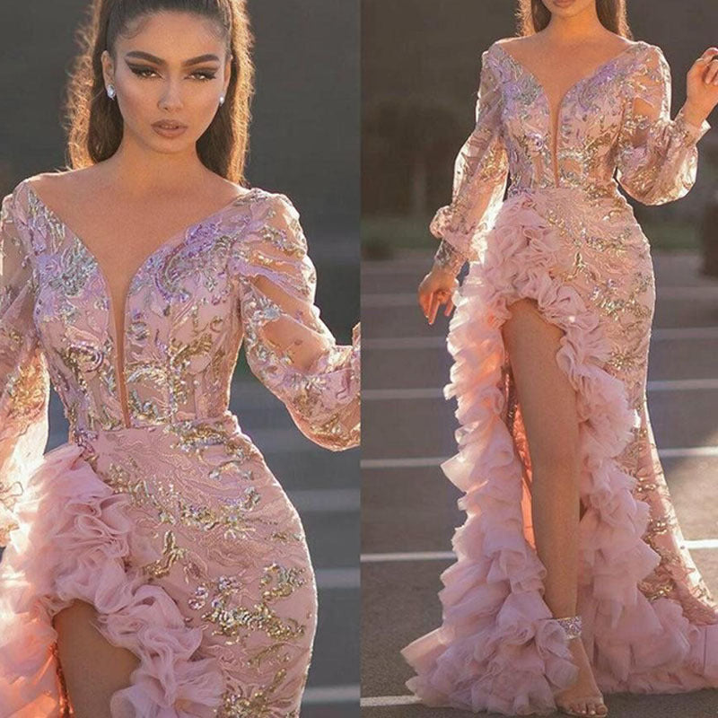 Sequins Split Pink Dresses