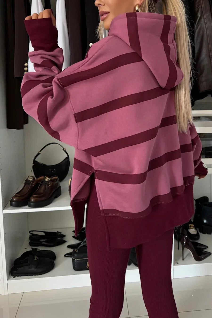 Printed Slit Hem Hoodie Leeging Outfit Sets