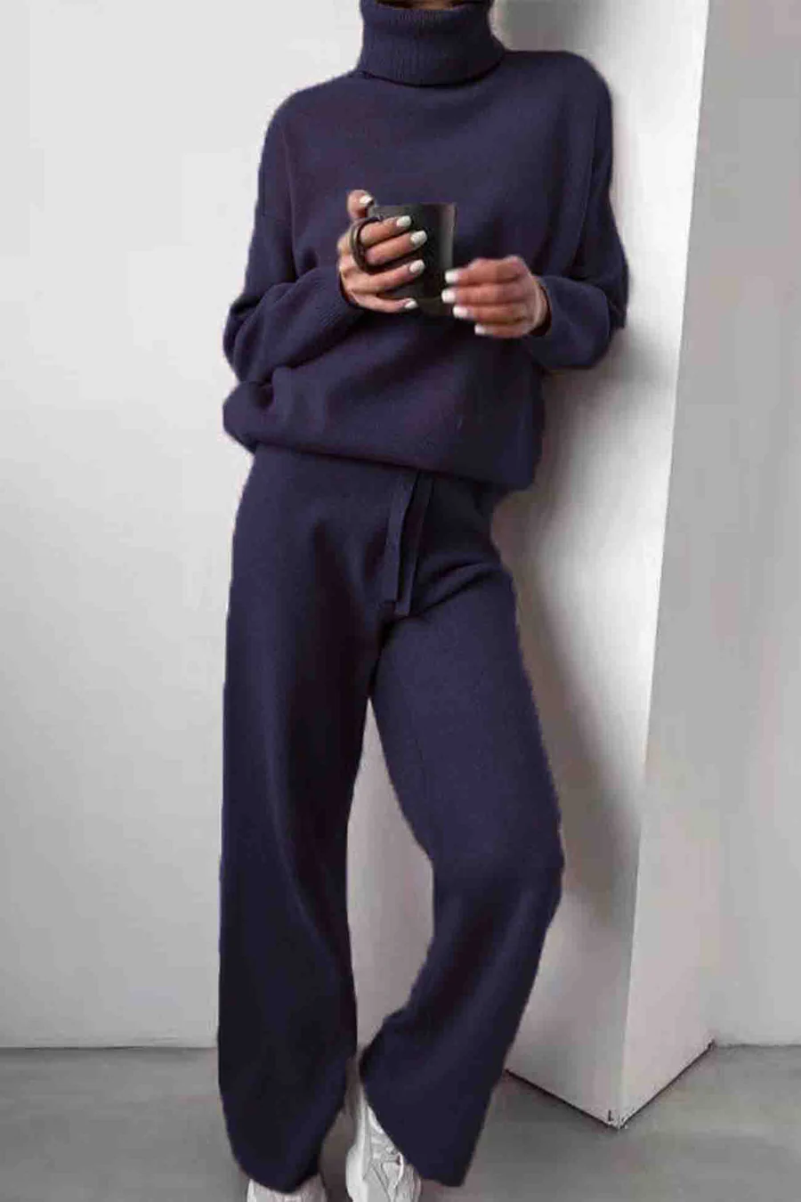 Solid Turtleneck Long Sleeve Long Pant Knitted Sets