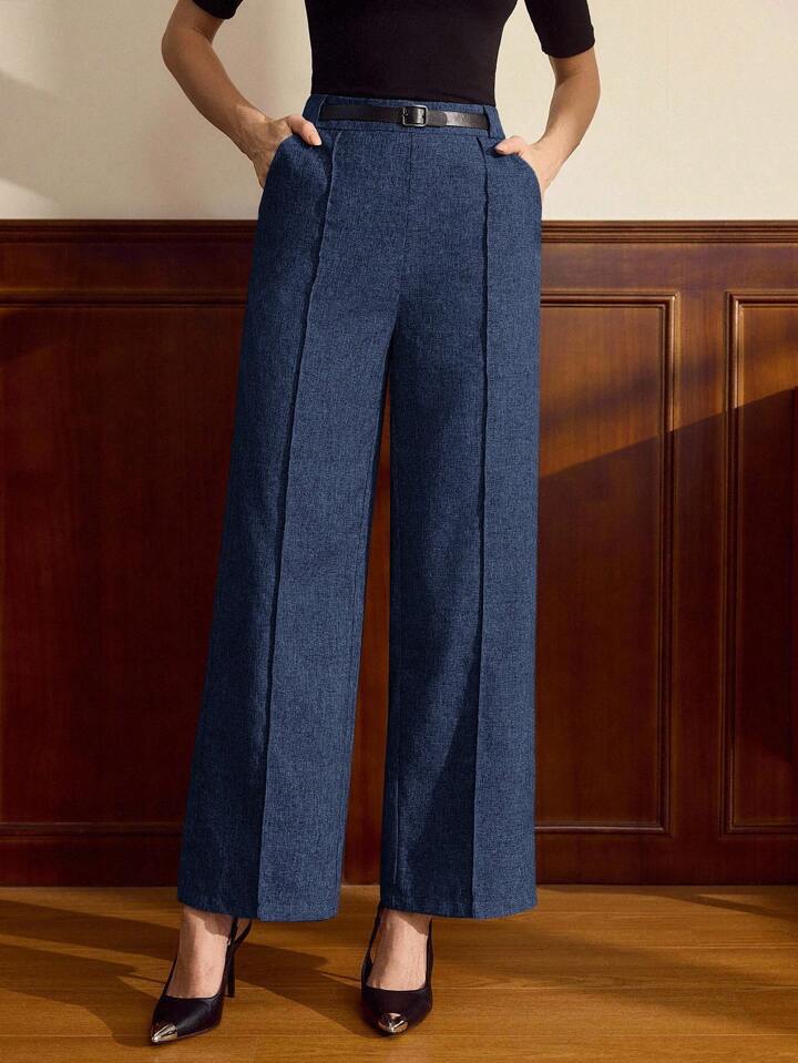 Dark Blue High-waisted Straight-leg Pants
