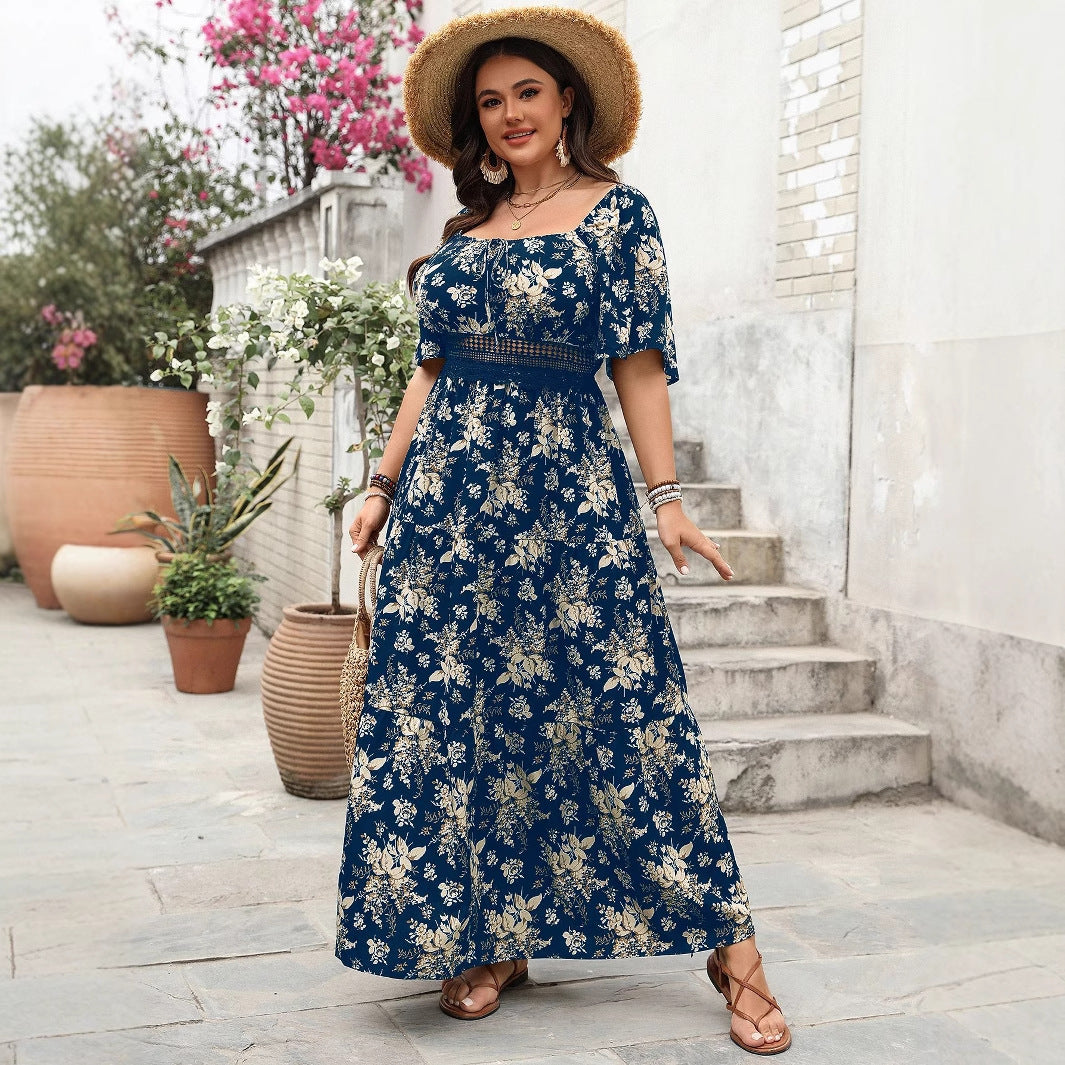 Retro Square Neck Print Plus Size Short Sleeve Dresses