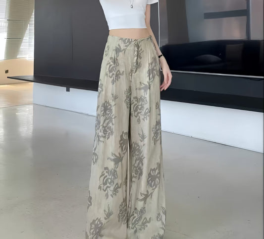 Flax Elastic Print Wide Leg Straight Pants