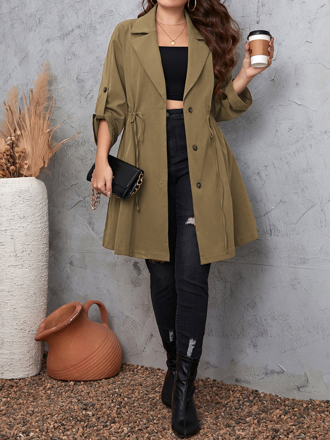 Mid-length Solid Color Plus Size Trench Coats