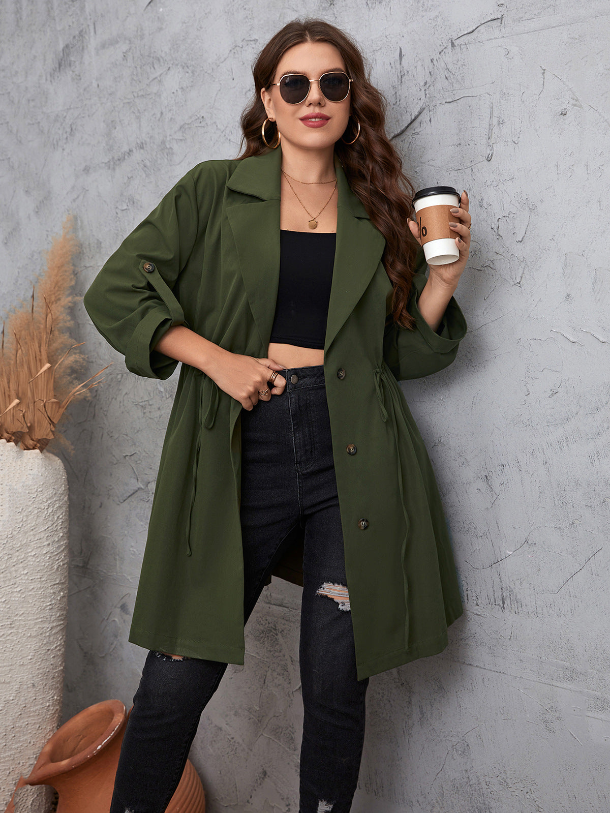 Mid-length Solid Color Plus Size Trench Coats