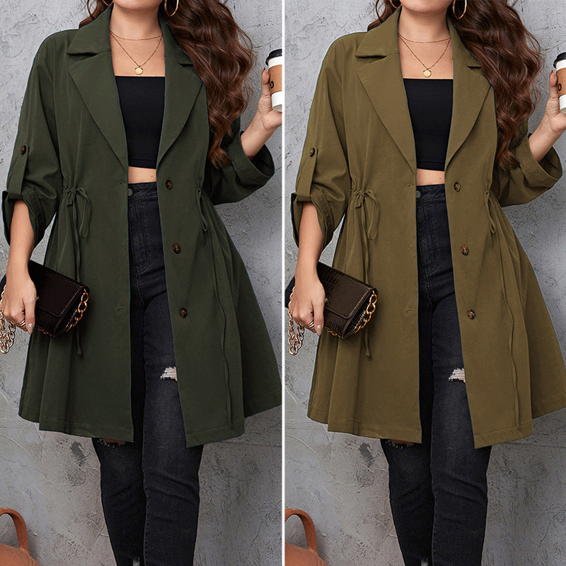 Mid-length Solid Color Plus Size Trench Coats