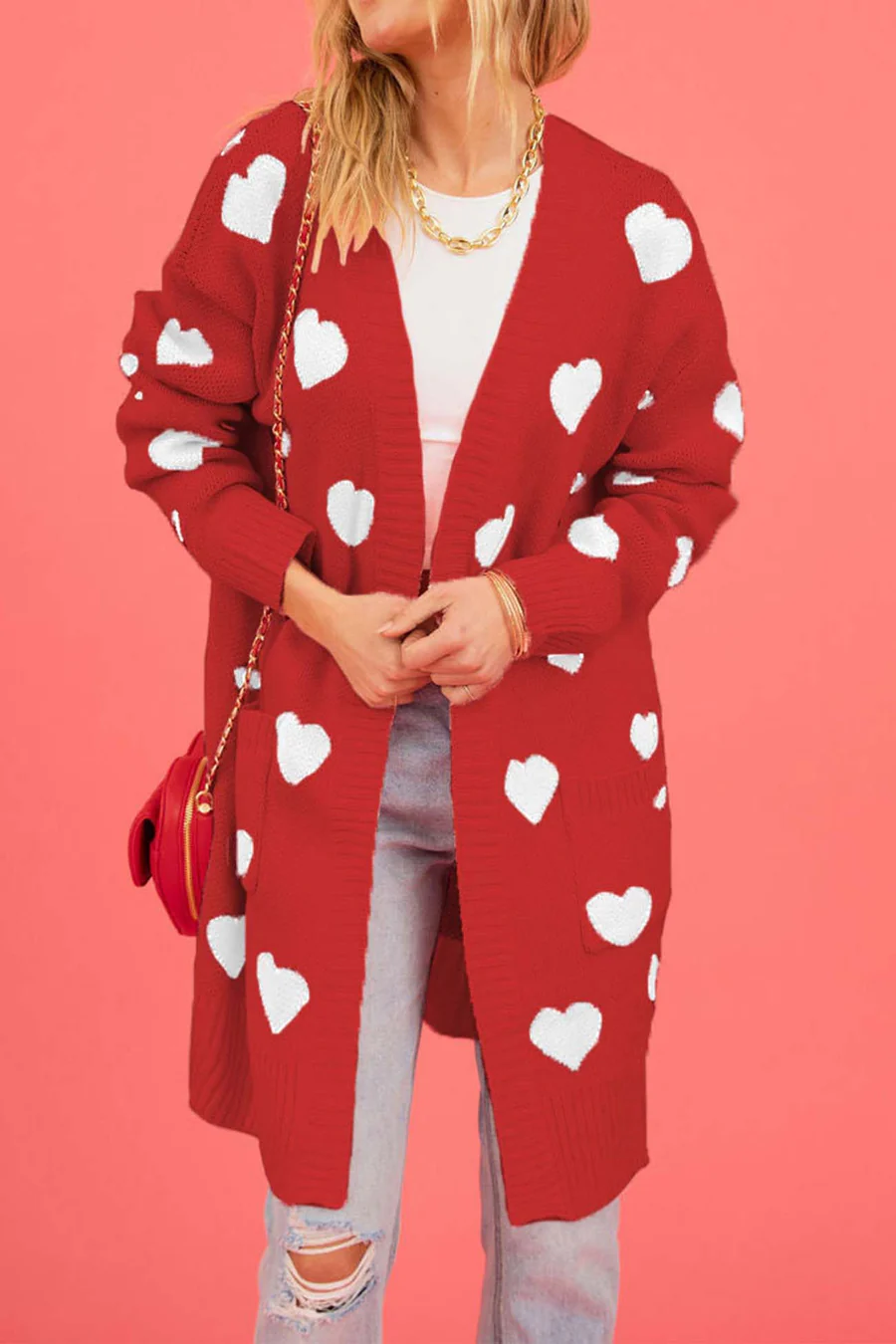 Heart Open Front Pocket Long Cardigans