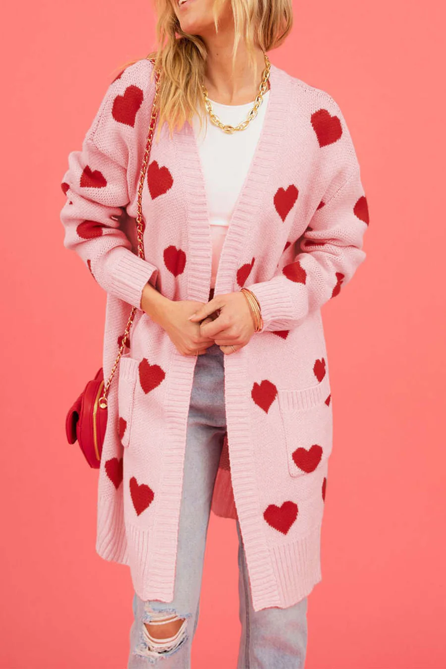 Heart Open Front Pocket Long Cardigans