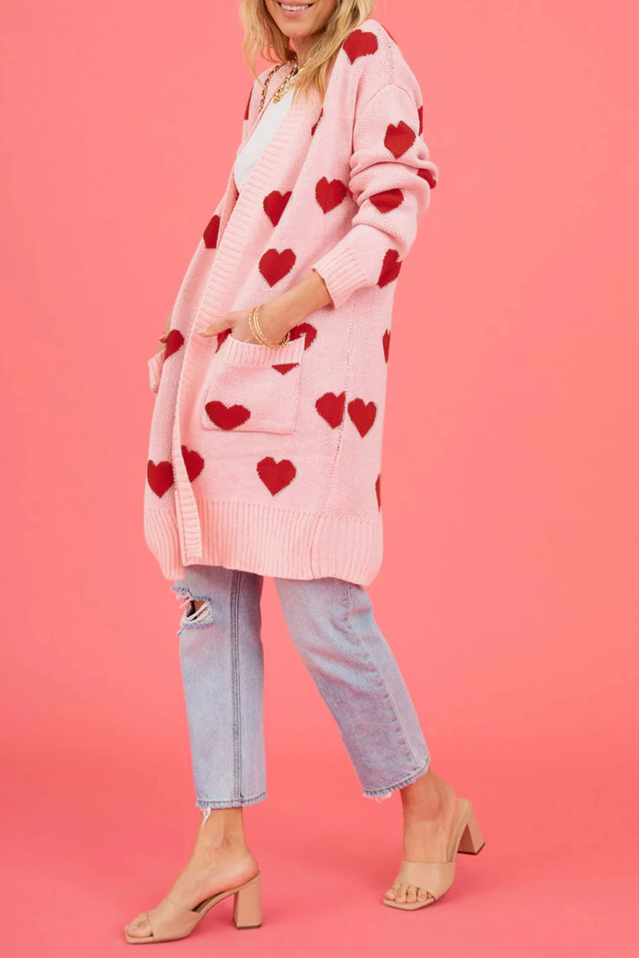 Heart Open Front Pocket Long Cardigans