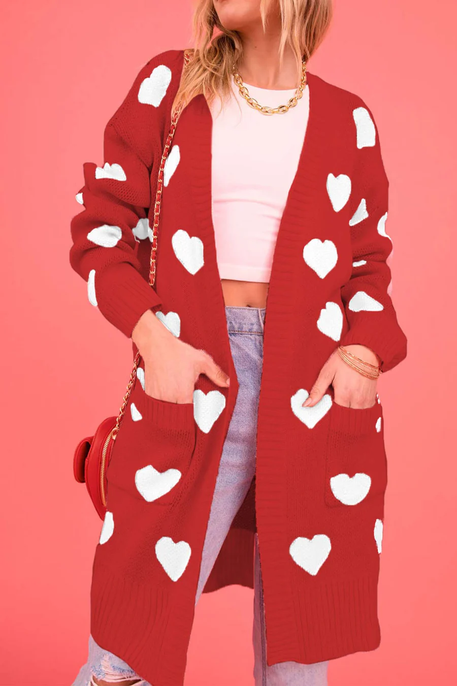 Heart Open Front Pocket Long Cardigans