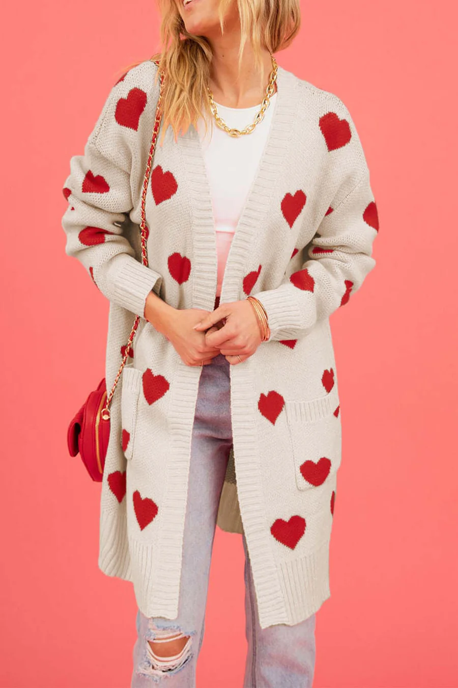 Heart Open Front Pocket Long Cardigans