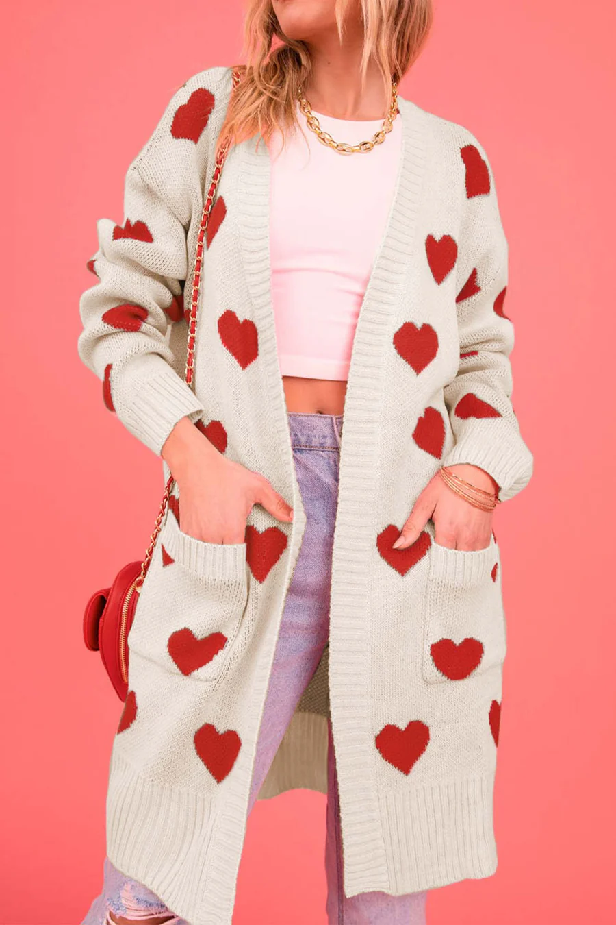Heart Open Front Pocket Long Cardigans