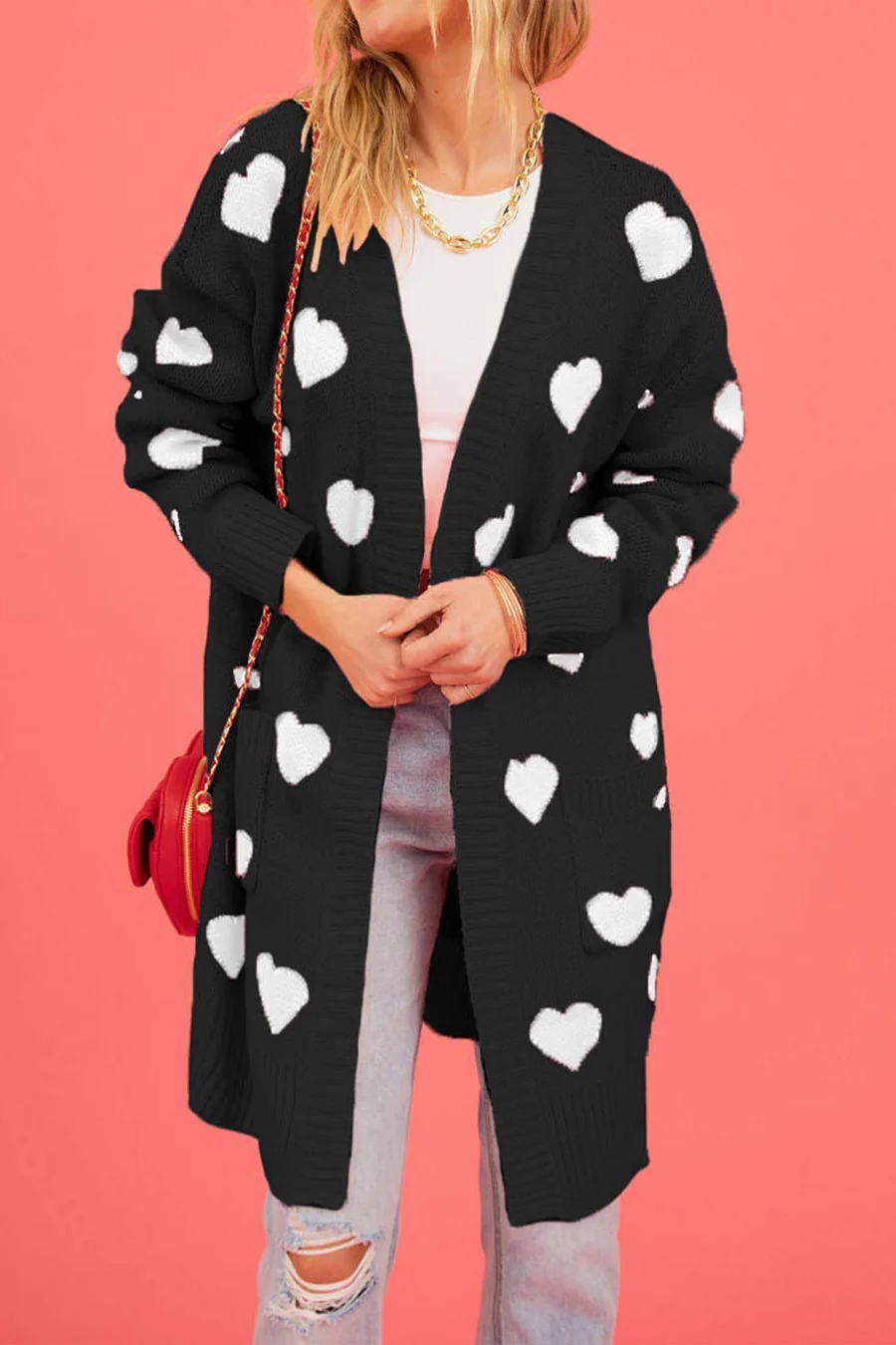 Heart Open Front Pocket Long Cardigans