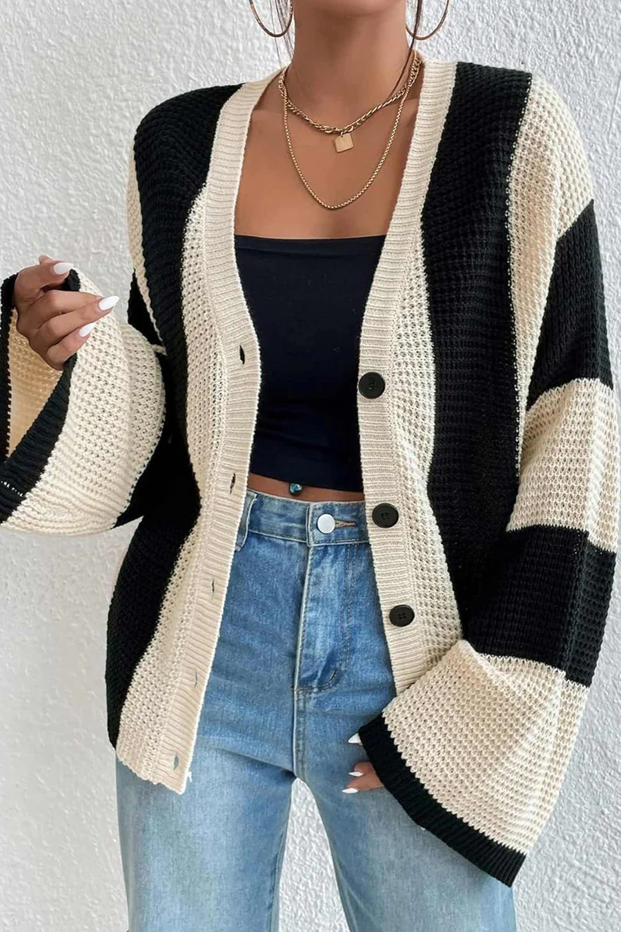 Contrast Striped Flare Sleeve Cardigans