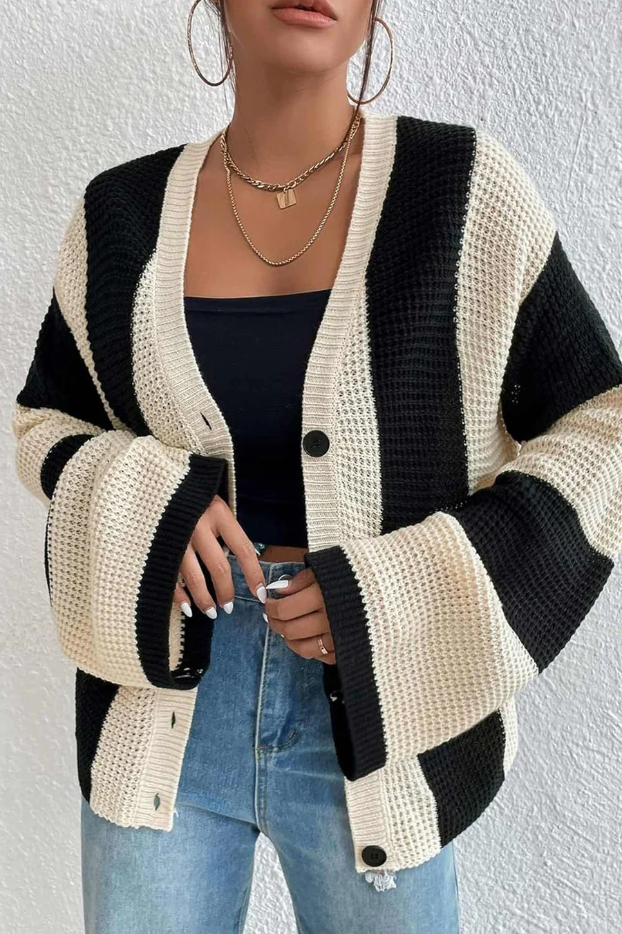 Contrast Striped Flare Sleeve Cardigans